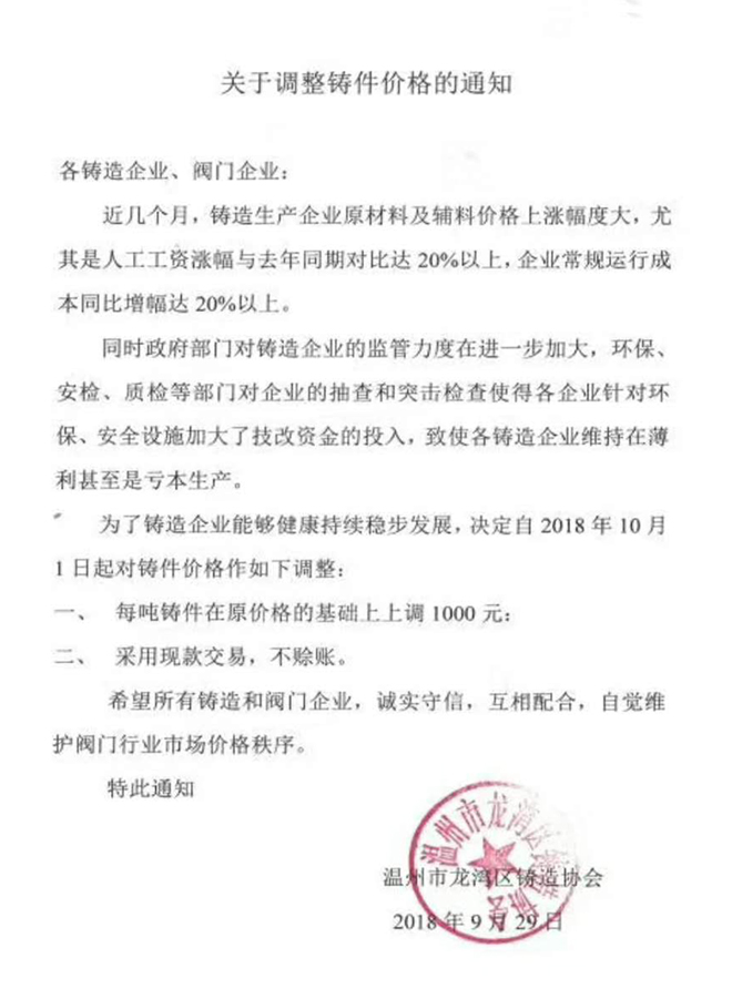 温州市龙湾区铸造协会关于调整铸件价格的通知 温州市龙湾区铸造协会关于调整铸件价格的通知