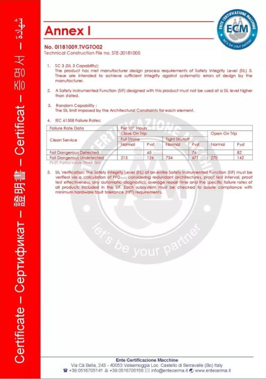唐工阀门集团有限公司取得SIL功能安全证书