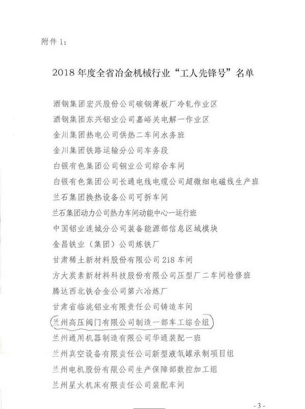 兰州高压阀门有限公司制造一部车工综合组荣获“工人先锋号”及“金牌工人”殊荣 兰州高压阀门有限公司制造一部车工综合组荣获“工人先锋号”及“金牌工人”殊荣