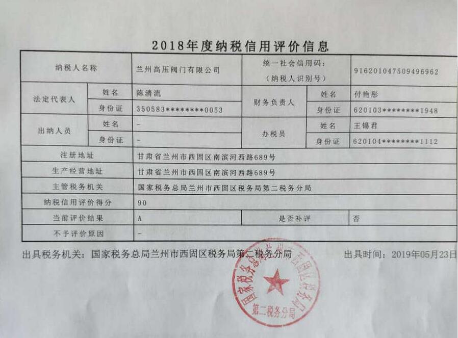 蘭州高壓閥門有限公司被評為2018年度納稅信用A級企業