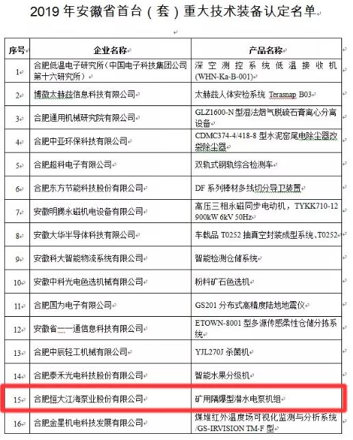 合肥恒大江海泵业产品入选安徽省首台(套)重大技术装备认定 合肥恒大江海泵业产品入选安徽省首台(套)重大技术装备认定