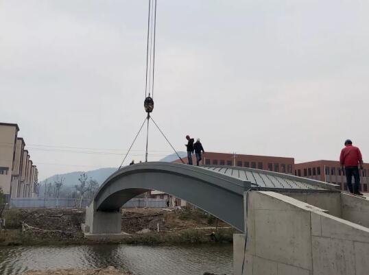宁波模具产业园区人行景观桥钢箱梁吊装顺利完成