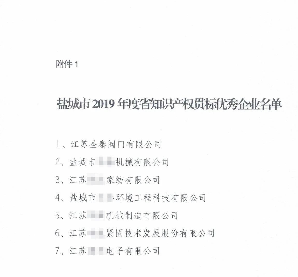 江苏圣泰阀门被评为“2019年省知识产权贯标优秀企业”