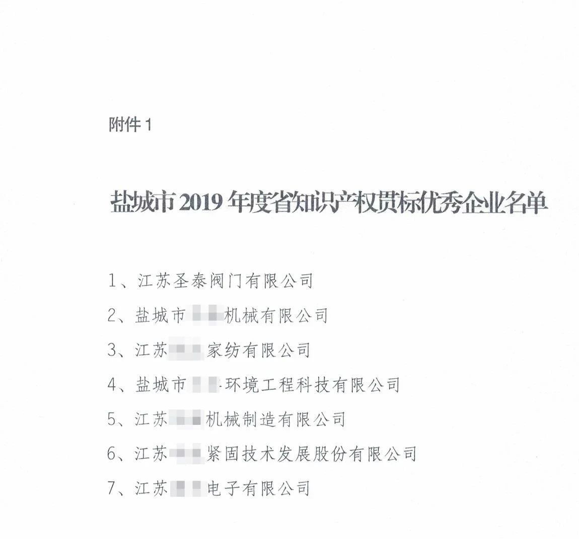 江蘇圣泰閥門被評為“2019年省知識產權貫標優秀企業”