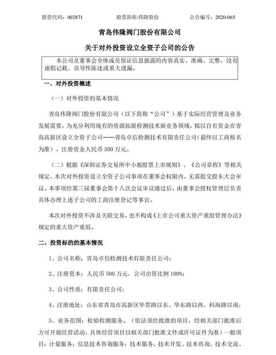 偉隆閥門股份擬在青島高新區新設全資子公司 拓展檢測技術新業務領域