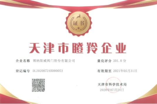 博纳斯威再次荣获天津市瞪羚企业证书