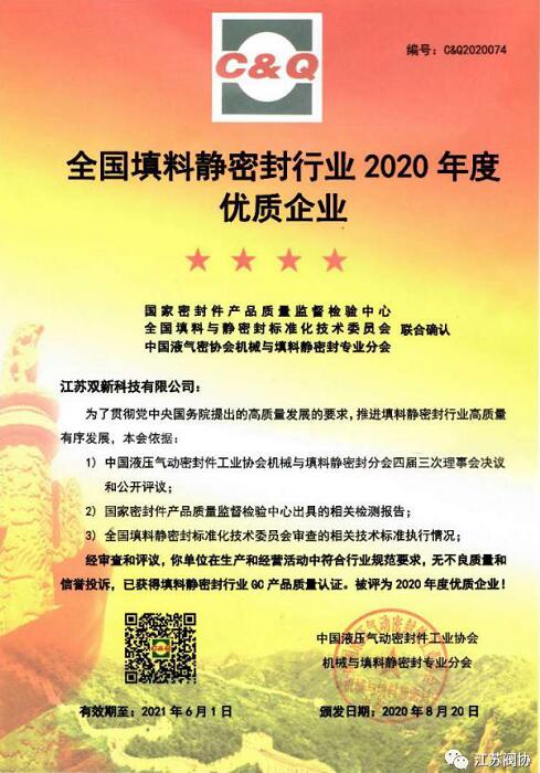 江蘇雙新科技公司評為全國填料靜密封行業2020年度優質企業