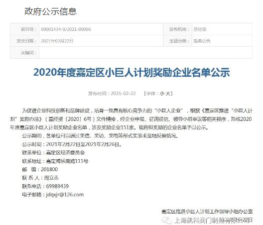 凱科閥門入選2020年度嘉定區(qū)小巨人計劃獎勵企業(yè)名單