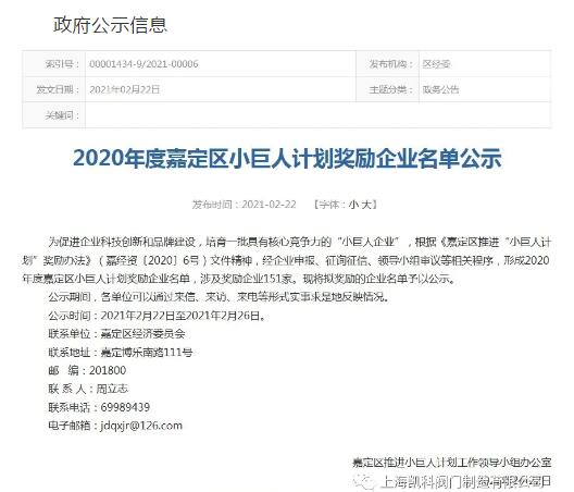 凯科阀门入选2020年度嘉定区小巨人计划奖励企业名单