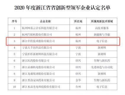 中控技术荣获2020年度浙江省创新型领军企业认定