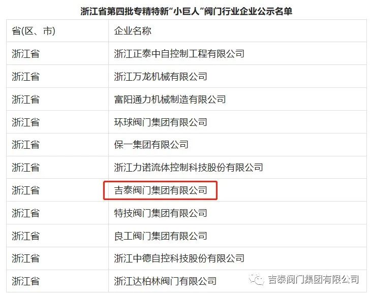吉泰阀门集团荣获国家级专精特新“小巨人”企业荣誉称号 吉泰阀门集团荣获国家级专精特新“小巨人”企业荣誉称号