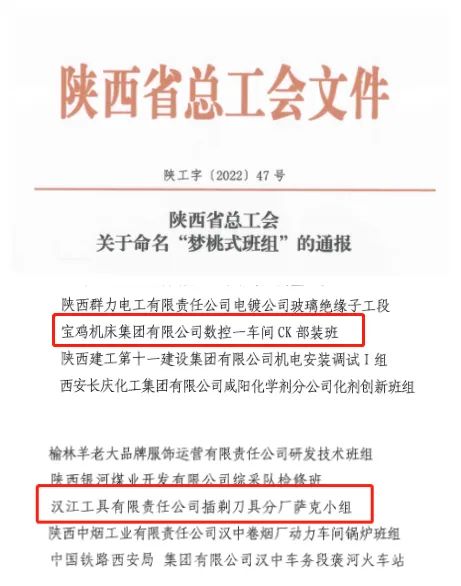 宝鸡机床集团员工喜获2022年陕西省“梦桃式班组”荣誉称号 宝鸡机床集团员工喜获2022年陕西省“梦桃式班组”荣誉称号