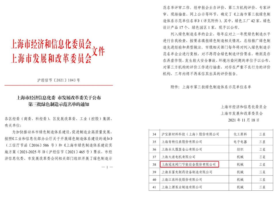 上海冠龙阀门节能设备入选“工业产品绿色设计示范企业” 上海冠龙阀门节能设备入选“工业产品绿色设计示范企业”