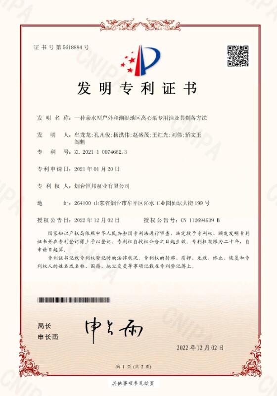 恒邦泵業(yè)又獲一項(xiàng)發(fā)明專利