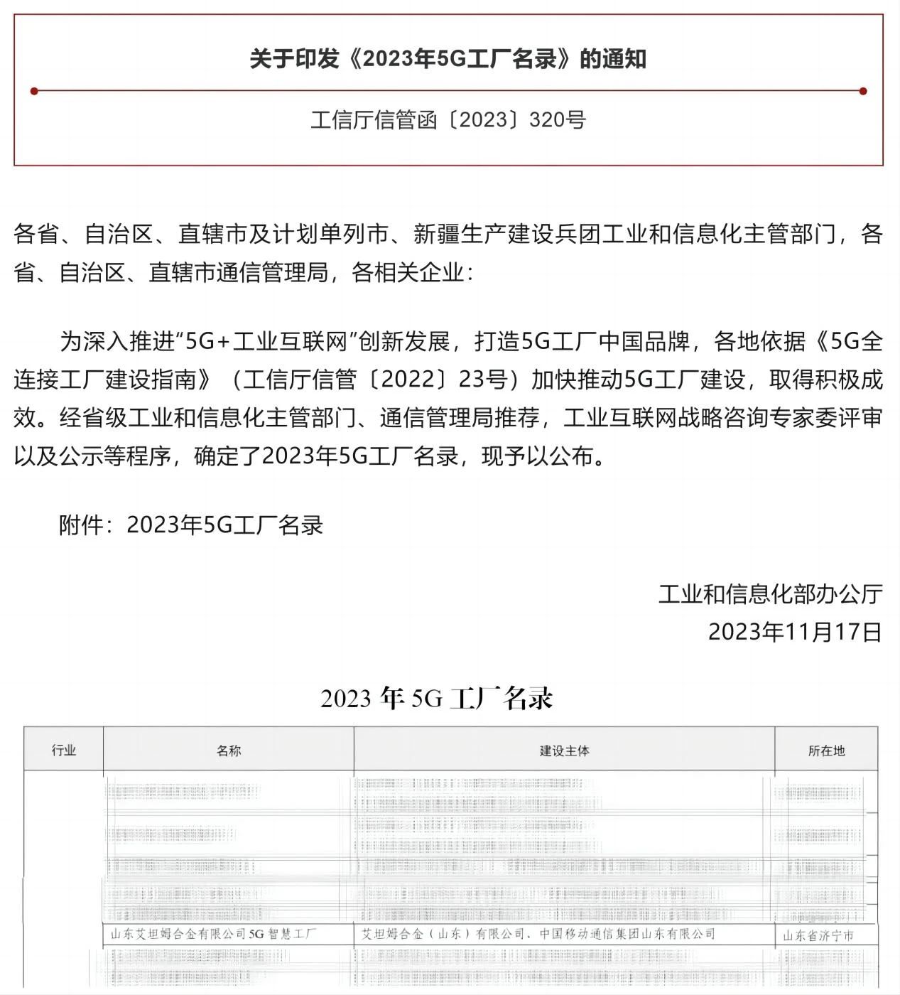 艾坦姆合金入选2023年5G工厂名录 艾坦姆合金入选2023年5G工厂名录