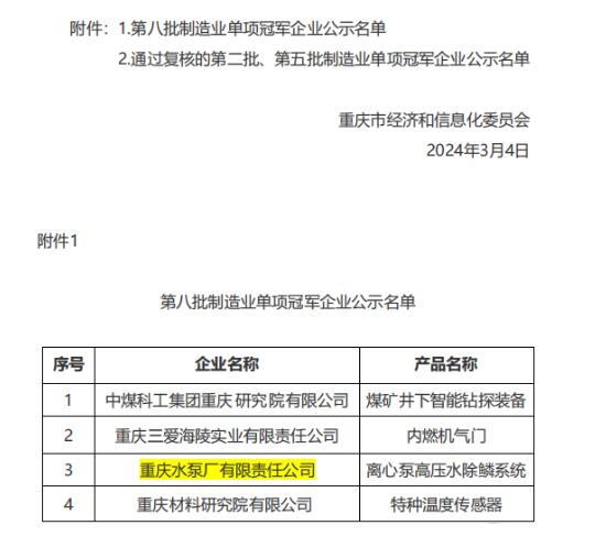 重庆水泵公司入选国家制造业单项冠军企业名单 重庆水泵公司入选国家制造业单项冠军企业名单