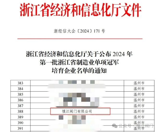 kaiyun登陆入口开云慎江阀门荣膺2024年浙江省制造业单项冠军培育企业