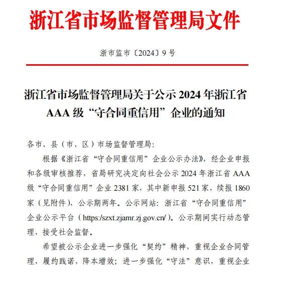 恒齿传动再度斩获浙江省 AAA级“守合同重信用”荣誉 恒齿传动再度斩获浙江省 AAA级“守合同重信用”荣誉