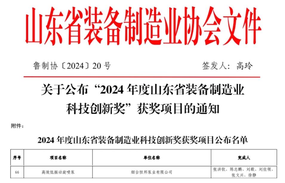 恒邦泵业旋喷泵产品荣获山东省装备制造业科技创新二等奖 恒邦泵业旋喷泵产品荣获山东省装备制造业科技创新二等奖