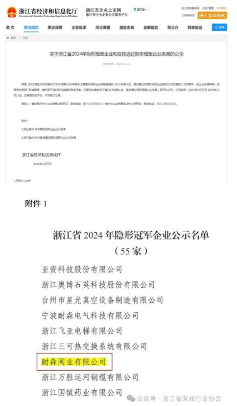 耐森阀业获评浙江省“隐形冠军”企业 耐森阀业获评浙江省“隐形冠军”企业