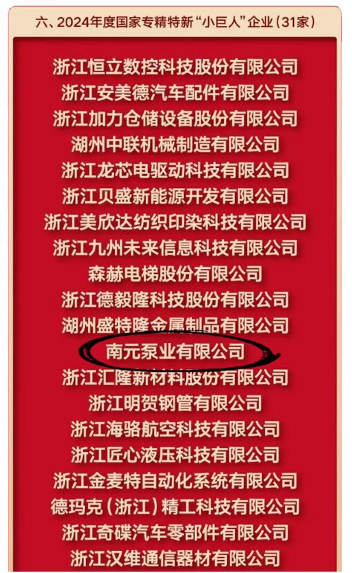 南元泵业斩获国家专精特新“小巨人”与国内首台(套)两项殊荣 南元泵业斩获国家专精特新“小巨人”与国内首台(套)两项殊荣